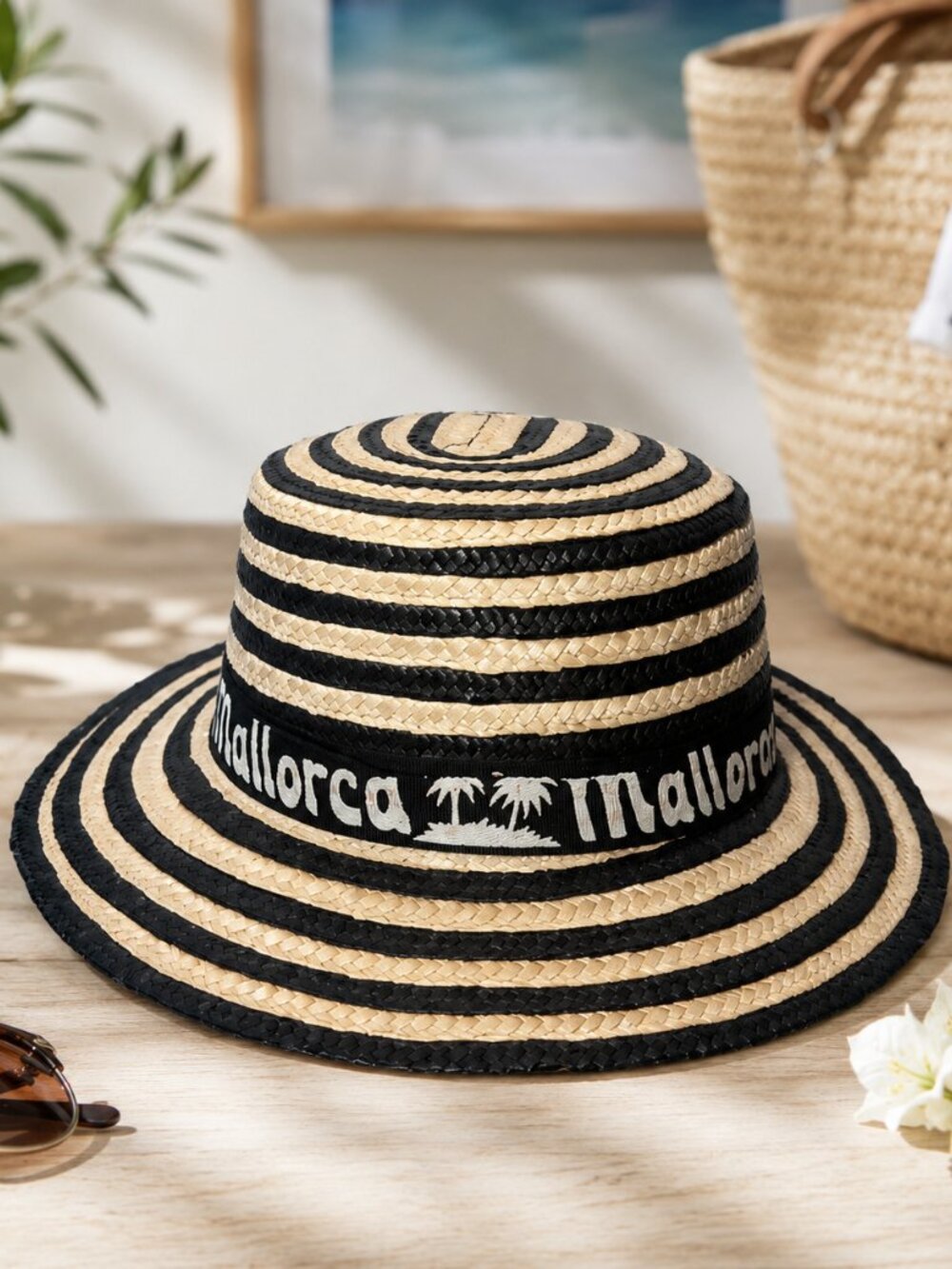 Vintage Mallorca Spain Woven Straw Boater Sun Hat Black Natural Striped